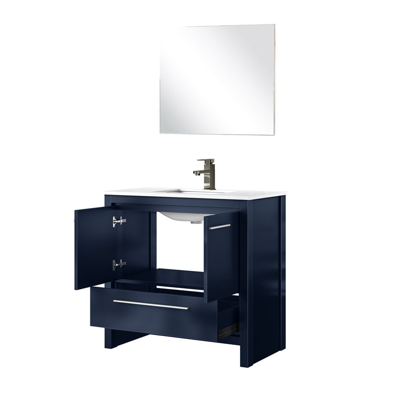 36 po L 20 po. Meuble-lavabo bleu marine avec comptoir en quartz blanc, robinet en métal et miroir 28 po, Navy Blue