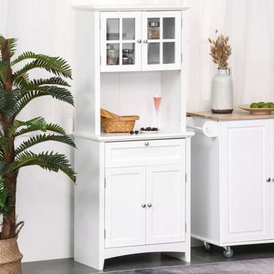 Cuisine élégante - Buffet avec rangement, portes en verre, blanc, rangement pour garde-manger moderne 4 fentes pour micro-ondes, intérieur spacieux
