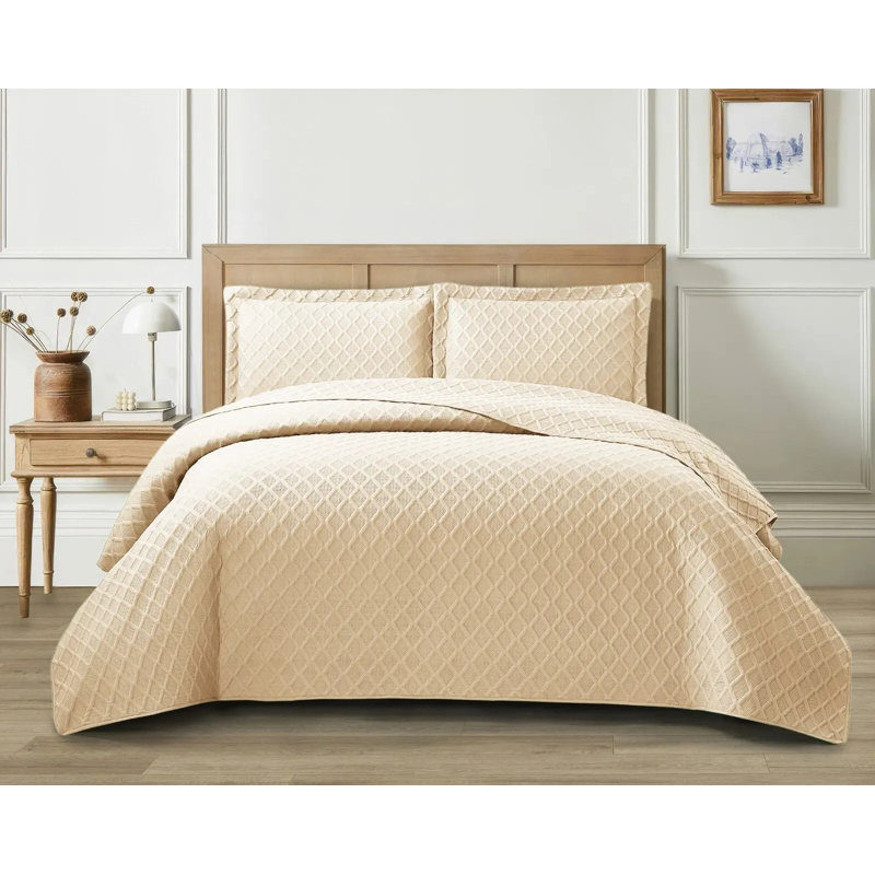 Polyester Solid Colour Bedspread with Pillow Shams Included, Beige, Double Bedspread + 2 Standard Pillowcases