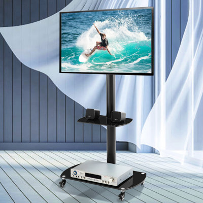 Hauteur et angle de la tablette télé ajustable, téléviseurs de 32 à 65 pouces convenables, verre trempé, structure en métal, roulettes verrouillables, meuble de rangement pratique avec composants en verre, s'adapte aux téléviseurs, aux angles, au choix élégant