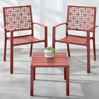Ensemble de 2 chaises de jardin empilables avec accoudoirs, robustes, en métal, supportant jusqu'à 136 kg, assise large et ergonomique, rouges.