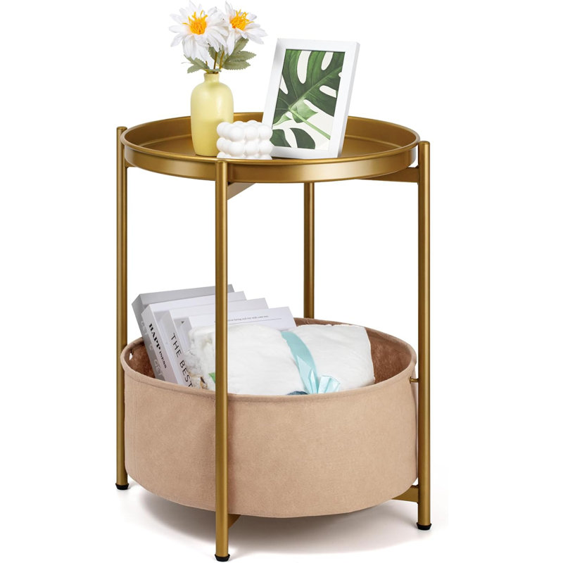 Round Side Table With Storage Basket, Gold Metal Nightstand With Removable Tray, Sturdy End Table For Bedroom, Living Room, Nursery, Patio (Gold)