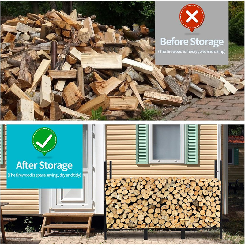 Support intérieur d'extérieur de support de bois de chauffage 4 pi pour rangement de bois de cheminée, ensemble de supports de rangement de bois de chauffage, support de bûches robuste pour support de bûches de bois