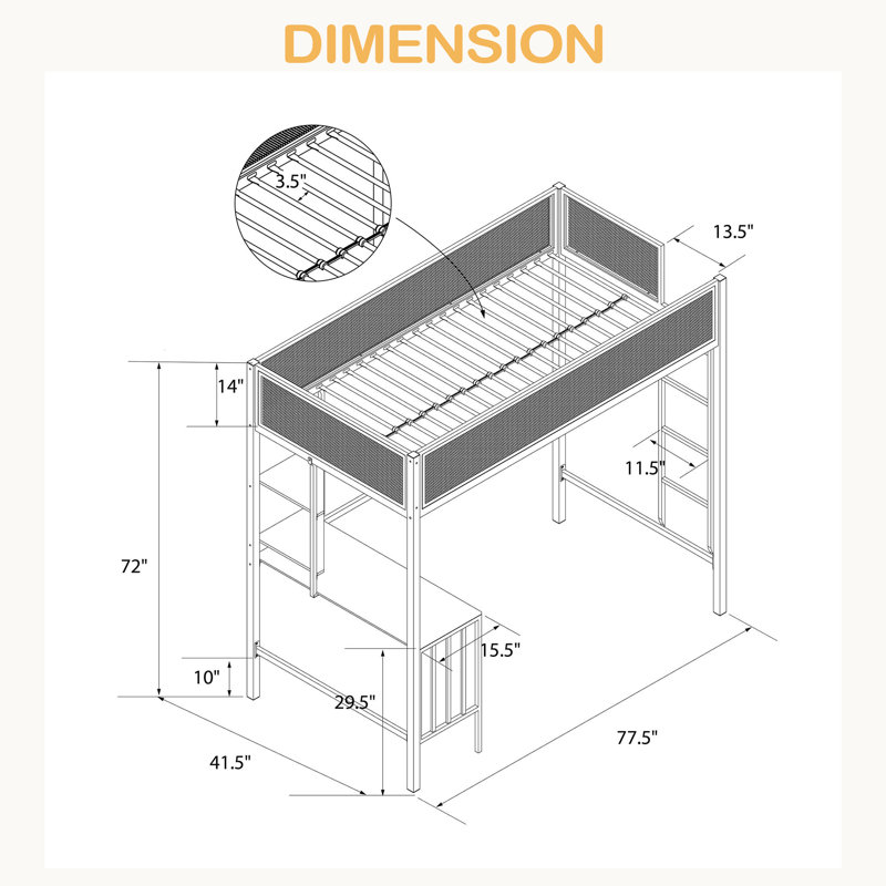 Lit mezzanine simple avec bureau et tablettes