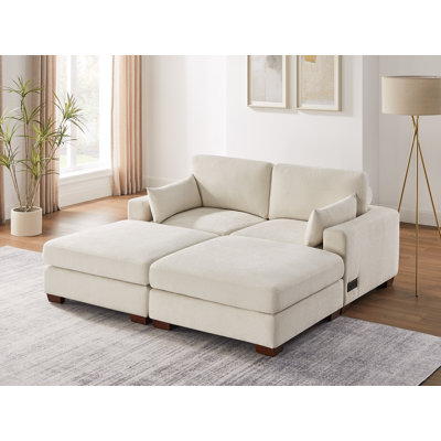4-Piece Upholstered Sectional Couch With 2 USB Ports, 2 Portable Ottomans