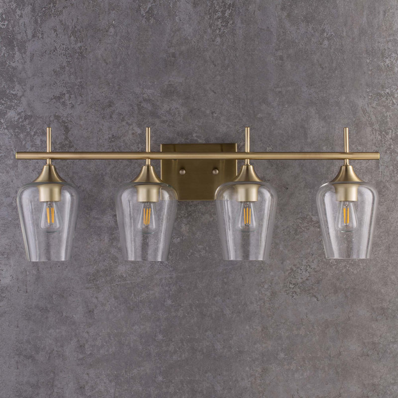 Éclairage pour salle de bain à intensité variable 4 lumières Hermleigh, Laiton antique, Transparent