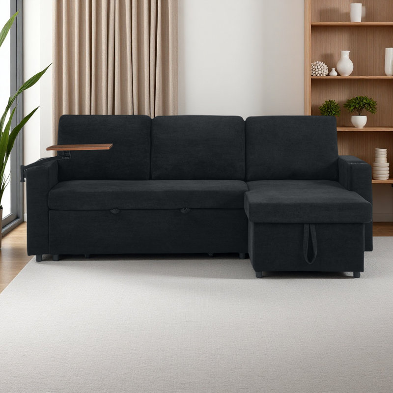 Canapé-lit moderne en chenille multifonctionnel avec table rétractable et éclairage DEL, ports de chargement USB et porte-gobelets