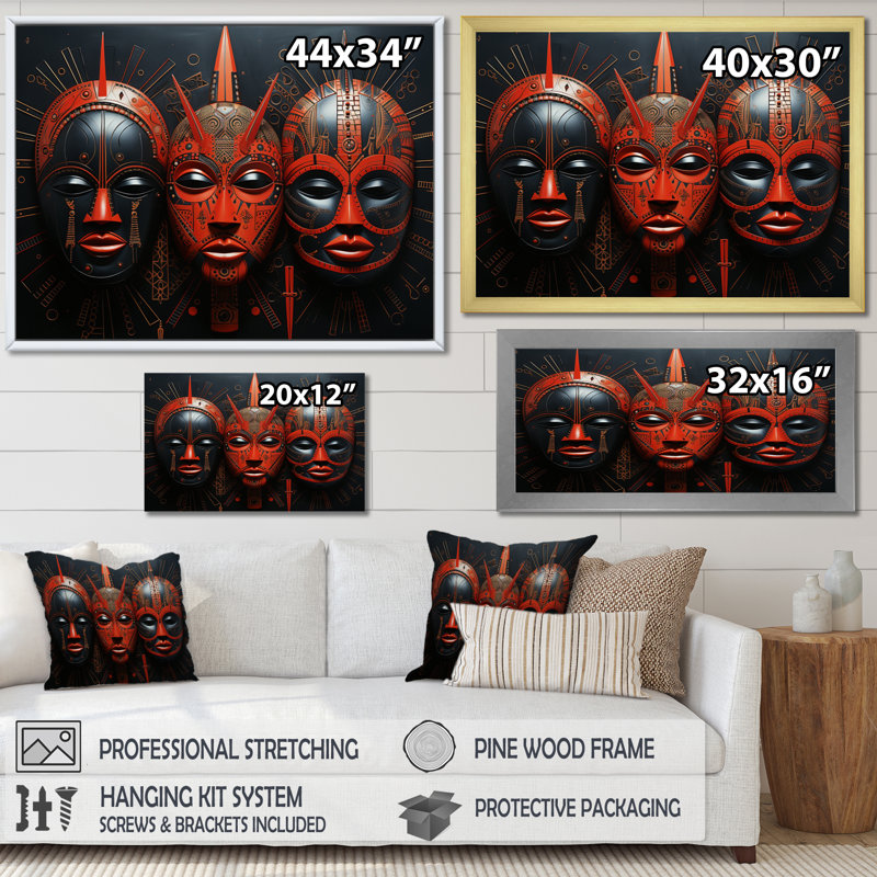 «Cintya Red African Masks I», reproduction sur toile, H 30 po x l 40 po x P 1,5 po, Cadre photo argenté