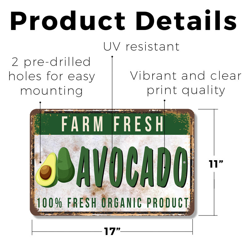 Enseigne en plastique 11 po x 17 po Farm Fresh Avocado, H 11 po x l 17 po x P 0,1 po