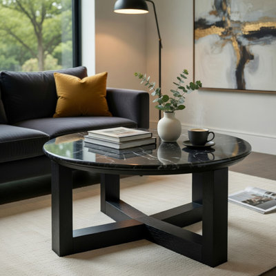 Table basse Kia, plateau rond en marbre, base en bois à trois pieds, noir 24 po
