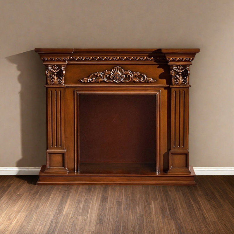 Three-dimensional carving craft fireplace, 40.15" H x 47.24" W x 12.99" D, Brown