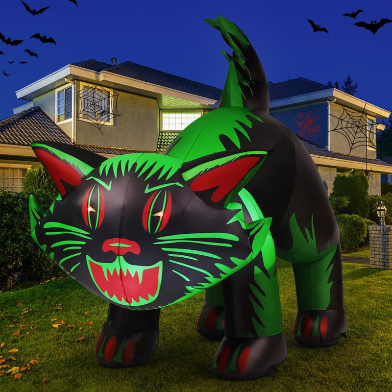 Halloween Inflatable 7ft Green Cat with Shakable Head Scary Halloween Blow up Cat with Built-in LEDs