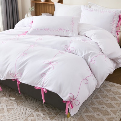 Pink Bow Duvet Cover Twin White and Pink Bedding Set Bowknot Bow Tie Cute Bedroom Decor Girls Coquette Comforter Cover Romantic Dreamy Decor