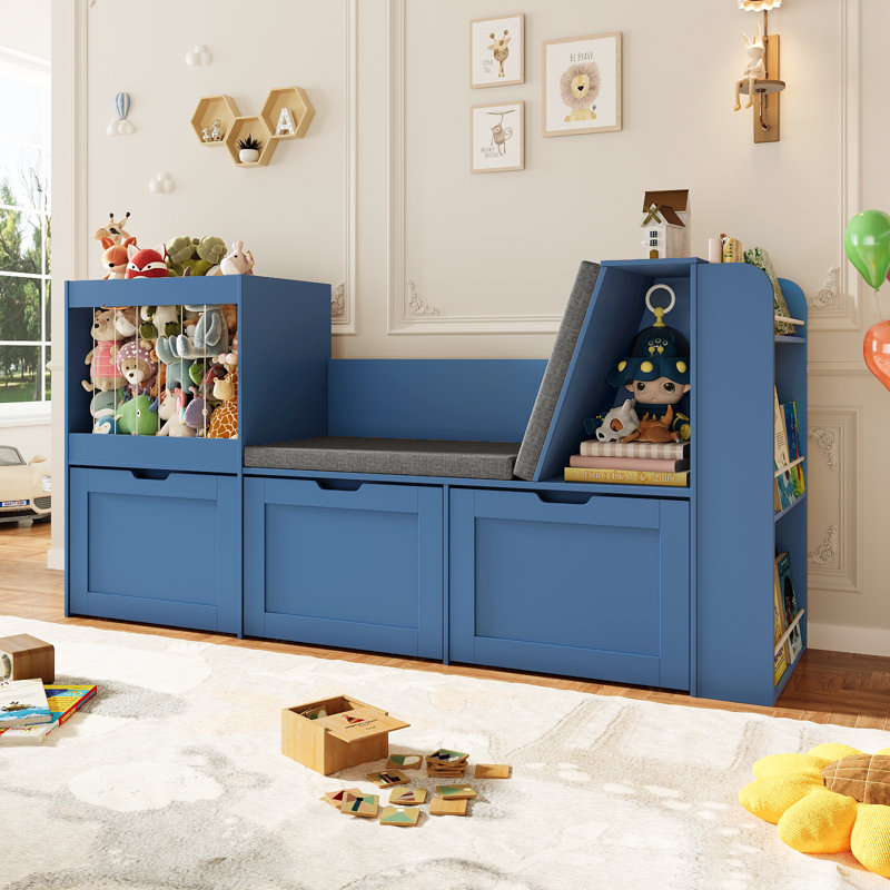 66.9''W Kid Bookshelf With Reading Nook, Toys Storage Organizer With Stuffed Animal Storage, Bench And Removable Cushions, Wooden Toddler Bookcases With 3 Movable Drawers For Playroom, Bedroom(Blue)