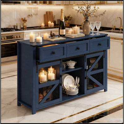 Buffet à porte coulissante avec 3 tiroirs, panneau de particules et armoire de rangement en maille métallique avec poignées en aluminium et détails métalliques pour le salon, la salle à manger