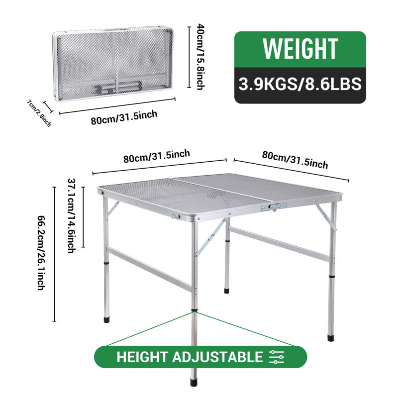 Table de camping pliante en aluminium thermolaqué Pujol, L 31,5 po x L 31,5 po x H 26,1 po
