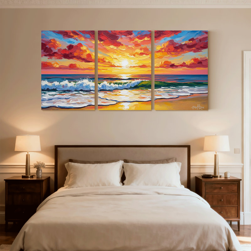«Nautical & Beach Vibrant Sunset Ocean Waves Sky Colors Beach Scene», ensemble de 3 reproductions d'art sur toile