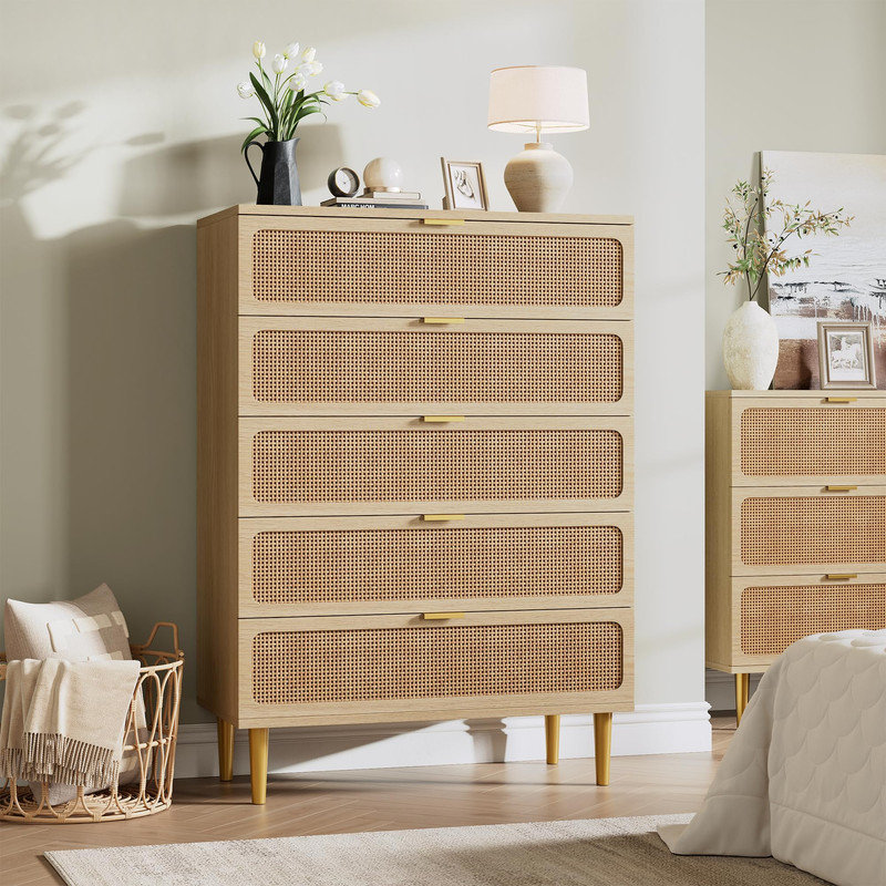 Rattan 5 Drawer Dresser For Bedroom, With Deep Drawers, Brown
