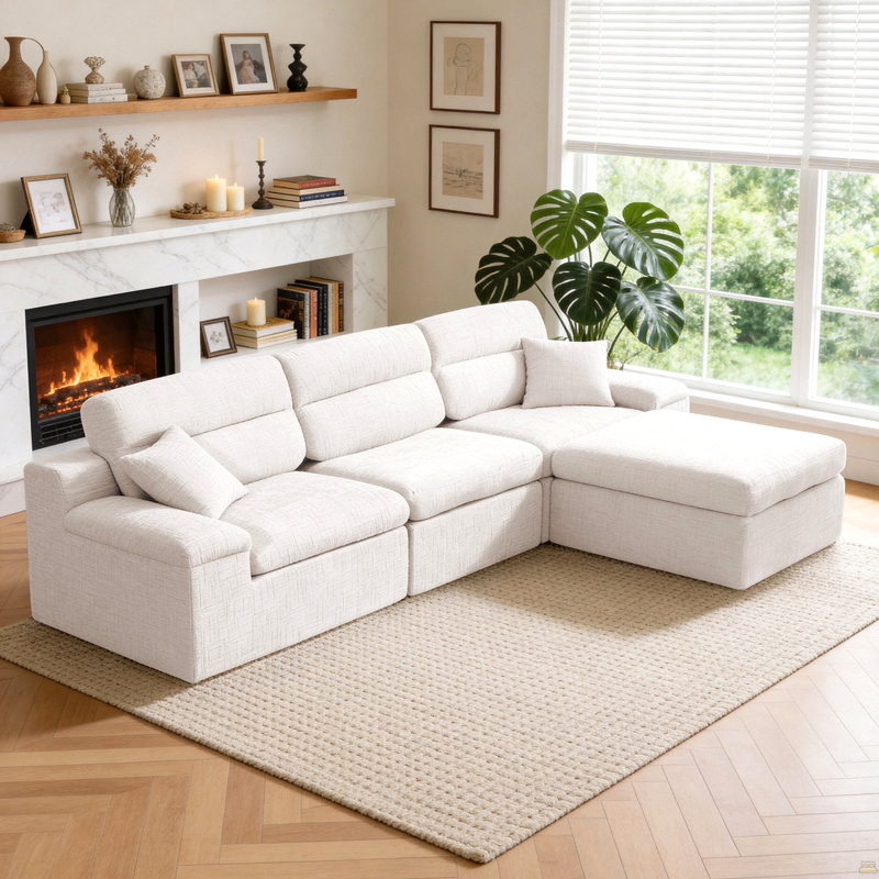 Canapé d'angle avec dossier haut, canapé en L avec chenille flammée, coussin éponge haute densité compressé, canapé sans assemblage peu encombrant
