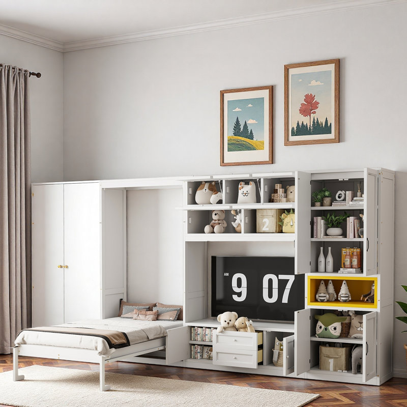 Lit escamotable en bois avec meuble télé, 2 tiroirs, tablettes et armoires, Blanc