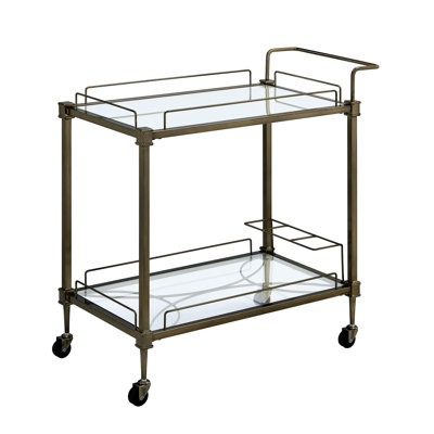 Antique Brass Finish Mirrored Serving Cart With Two Spacious Glass Shelves And Four Caster Wheels, Ideal For Transporting Drinks Dinnerware, Made Of Metal, 27"w X 14"w Shelf Size, 40lbs Capacity, 33