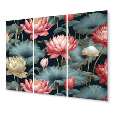 «Red Green Lotus Ponds III», ensemble de reproductions d'art mural en métal Lotus