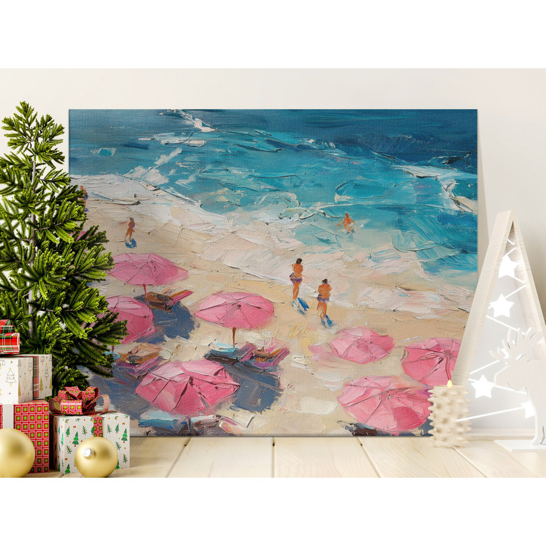 Pink Umbrellas Beach Canvas Wall Art, Gallery Wrapped Matte Print, Ocean Scene, Ready to Hang, Archival Quality, Coastal Decor