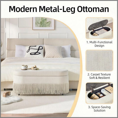 Repose-pieds ovale rembourré avec rangement à franges et couvercle relevable - L 39 po x l 16 po x H 17 po, repose-pieds multifonctionnel et rangement caché pour le salon ou la chambre à coucher - Tissu beige avec structure en métal