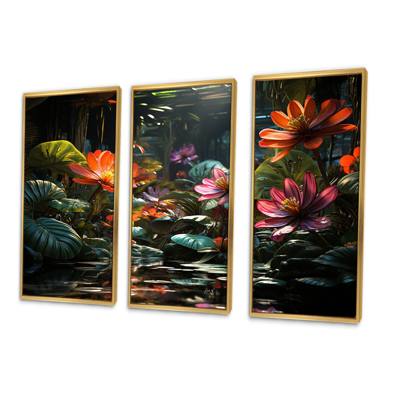 Fantasy Jungle Plants - ensemble d'art mural sur toile Plants, Cadre flottant doré, H 32 po x l 48 po x P 1 po