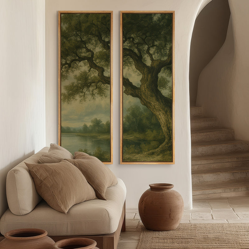 «Old Oak Tree Riverside Landscape», ensemble de 2 reproductions d'art encadrées sur toile 60 po x 20 po x 2 pièces, Naturel