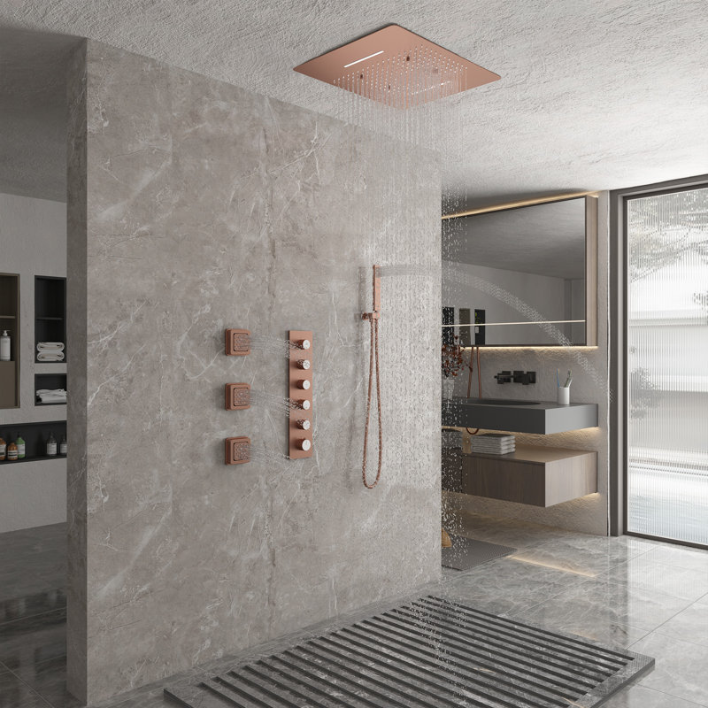 Thermostatic Complete Rainfall Shower System with Rough in-Valve and Body Spray, Brushed Rose Gold