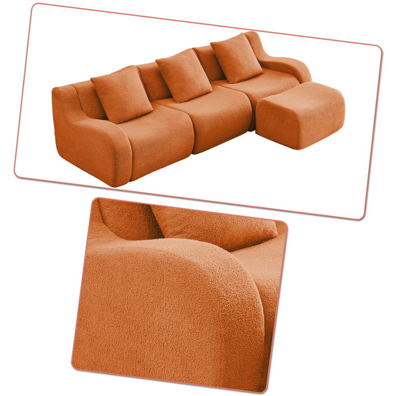 Canapé modulaire rembourré 3 places avec repose-pieds, Orange moelleux, H 35,43 po x l 115,33 po x P 65,73 po