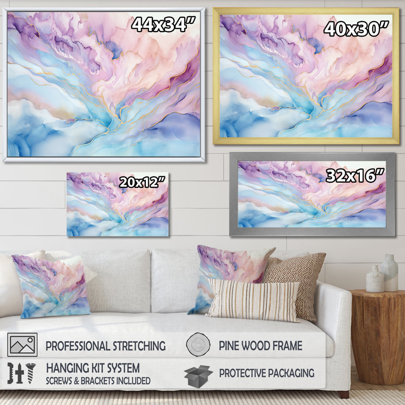 Rose et bleu, lever de soleil sur glacier - formes abstraites, art mural, Cadre flottant doré, H 34 po x l 44 po x P 1,5 po