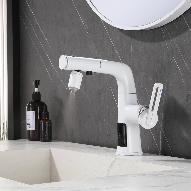 Bathroom Faucet With Pull Out Sprayer And Temperature Display Modern White Sink Faucet For Kitchen And Liftable Vanity Faucet With Deck Plate