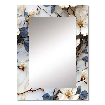 Hutton Magnolias Vein White And Blue Marble Pattern - marble  Decorative Wall Mirror, Abstract Large Mirror, Printed Metal Art