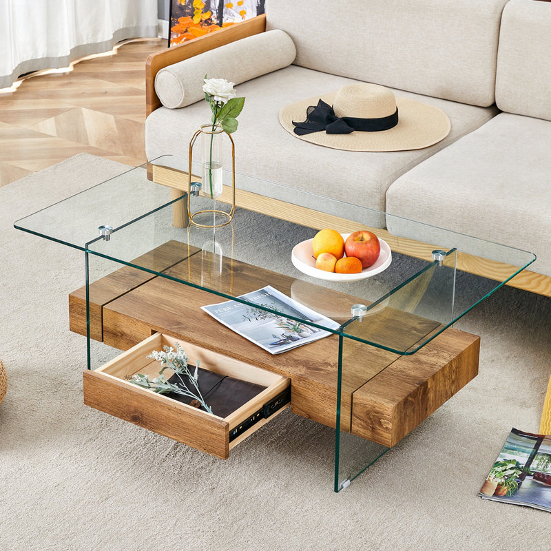 Table basse moderne en verre et en marbre avec design double couche et rangement spacieux pour les salons contemporains