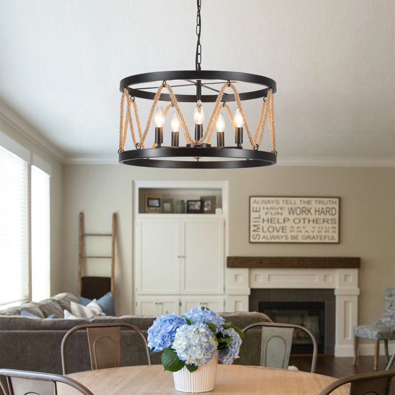 5 - Light 20 inch Dimmable Black Drum Chandelier with Hemp Rope Decoration for Living Room, Matte Black
