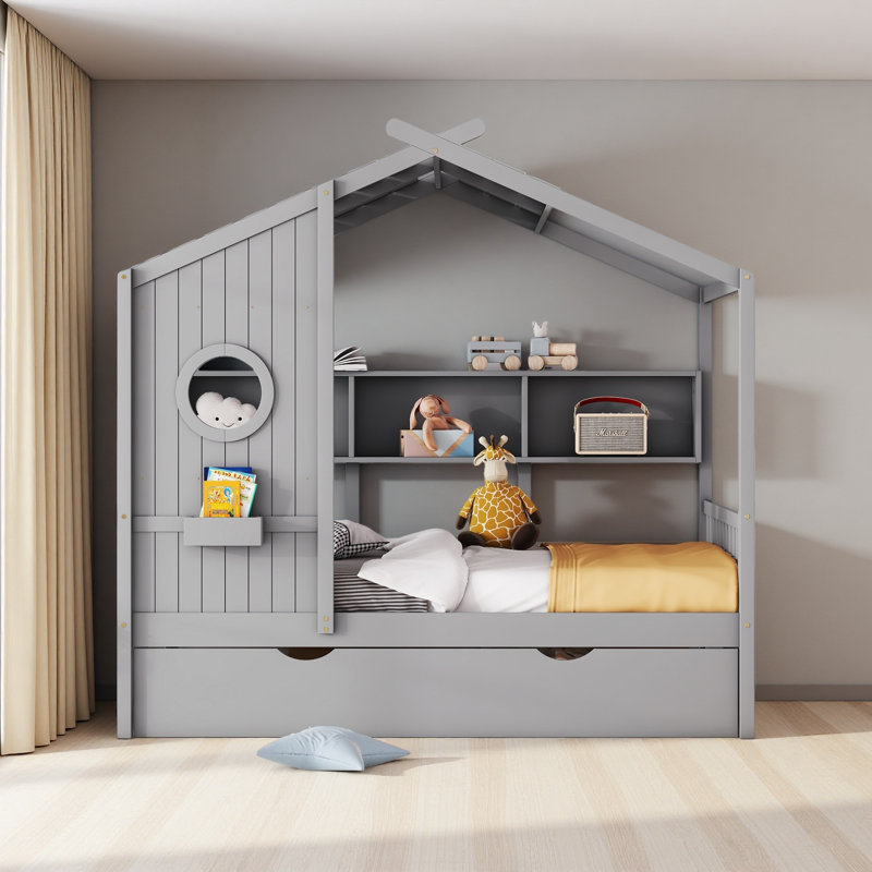 Lit maison avec lit gigogne, conception moderne pour enfants avec tablette de rangement, Lit double, Gris