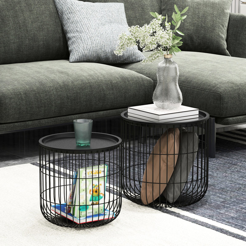 Tables basses gigognes rondes, de 2 po en noir, conception de panier en acier câblé, plateaux amovibles, salon essentiel, peu encombrant et polyvalent avec espace, tables de bout empilables pour attirer les enfants, noir