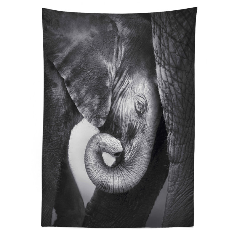 Elephant Tablecloth, Baby Elephant Seeking Comfort Against Mother Monochrome Art Portrait, Rectangular Table Cover For Dining Room Kitchen Decor, 52" X 70", Charcoal Grey Pale Grey