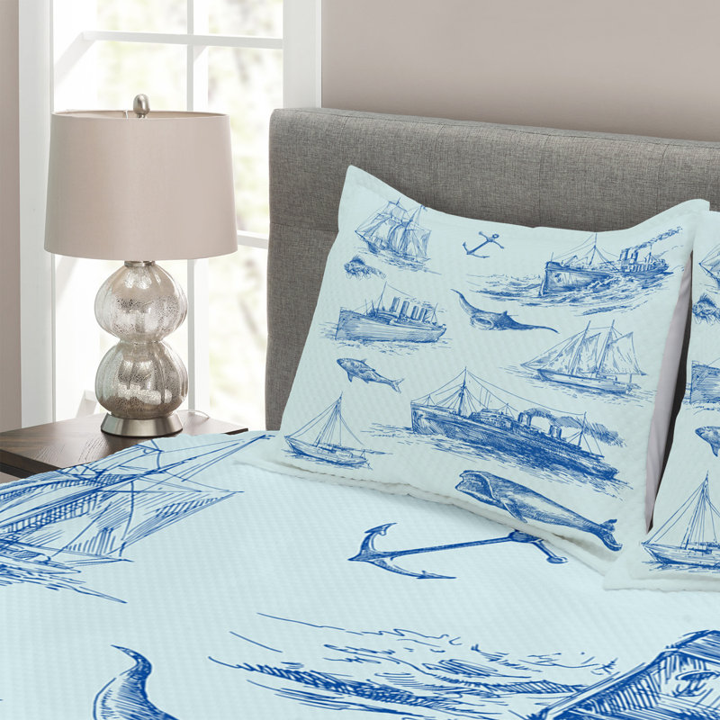 Nautical Bedspread Set with Cushion Cover, 220 x 220 cm Bedspread - 2 Shams