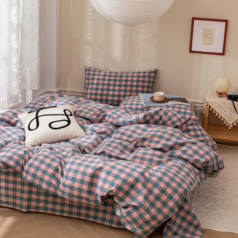 Ensemble de housse de couette douce en coton délavé Boho, Housse de couette grand et 2 taies d'oreiller stan, Rose / bleu