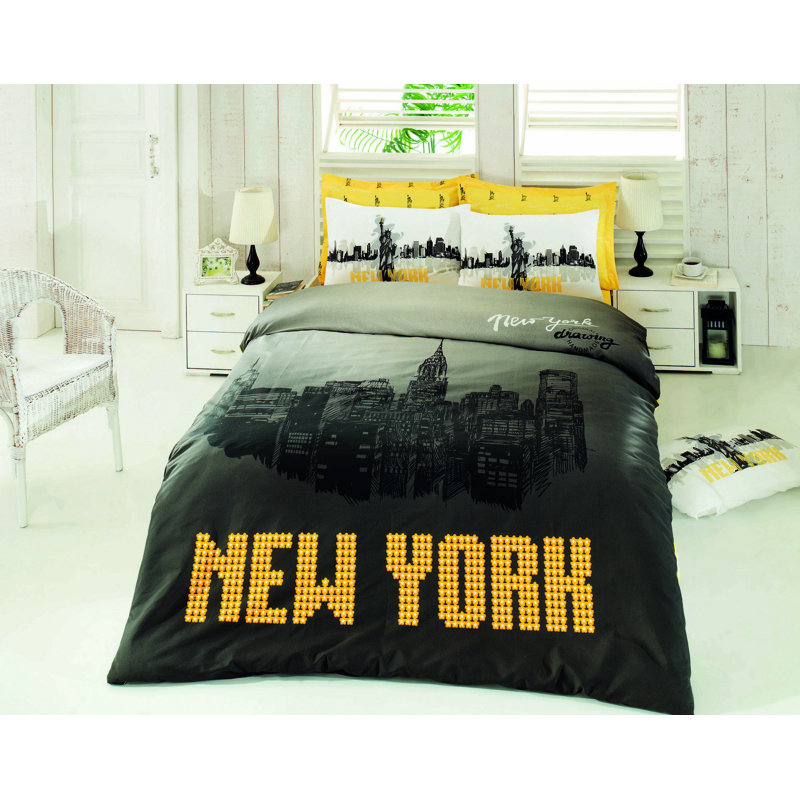 Ensemble de housse de couette 4 pièces en mélange de coton jaune / blanc / noir Napper