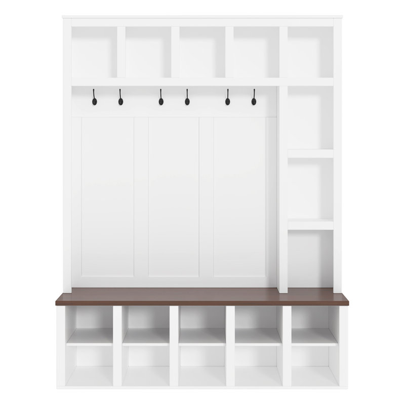 Farmhouse Wooden Hall Tree with 6 Hooks, Walnut Storage Bench with Adjustable Shelves, White+Walnut