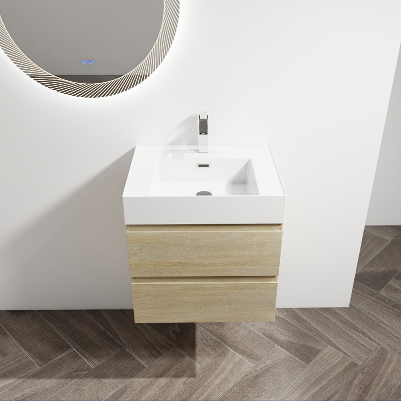 Meuble-lavabo mural 24 po avec lavabo en résine, 2 tiroirs à fermeture en douceur, ensemble KD, 24", Chêne clair