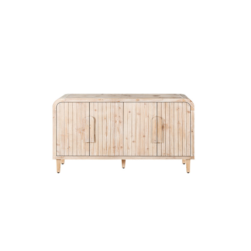 Buffet 59 po courbé rétro avec grain de bois vertical et grandes poignées en bois, tablettes réglables pour le rangement de la cuisine et de la salle à manger, blanc antique