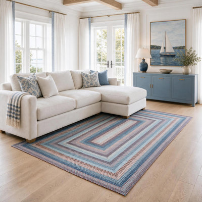 Tapis Cape Cod en jute tressé non pelucheux bleu/rouille