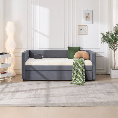 Twin Size Upholstered Daybed with Trundle,USB Port ,Side Pockets, Modern V-grained backrest Design,No Box Spring Needed, for Bedroom, Guest Room ( Tw by Latitude Run
