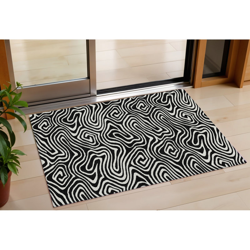 HomeRoots 3' X 5' Black Abstract Washable Indoor Outdoor Area Rug