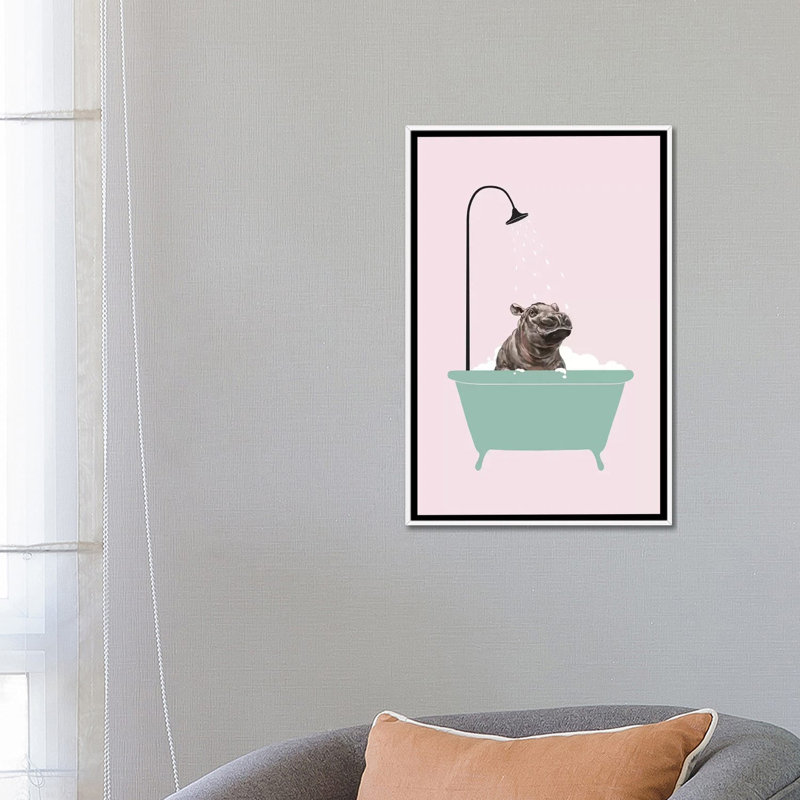 Hippopotame dans une baignoire, art encadré, H 26 po x l 18 po x P 1,5 po, Toile blanche encadrée